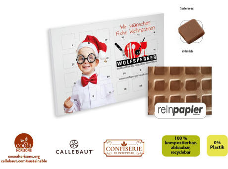 Product image Tisch Adventskalender aus Reinpapier individuell bedruckt, 48 g, Inhalt: Callebaut Vollmilch Schokolade Kalender bedrucken