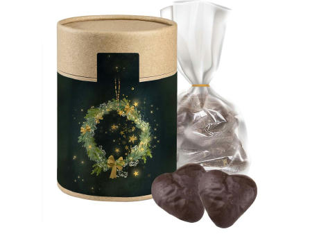 Lebkuchen Schokoherzen gefüllt, ca. 100g, Beutel in Kraftpapierdose Maxi bedrucken